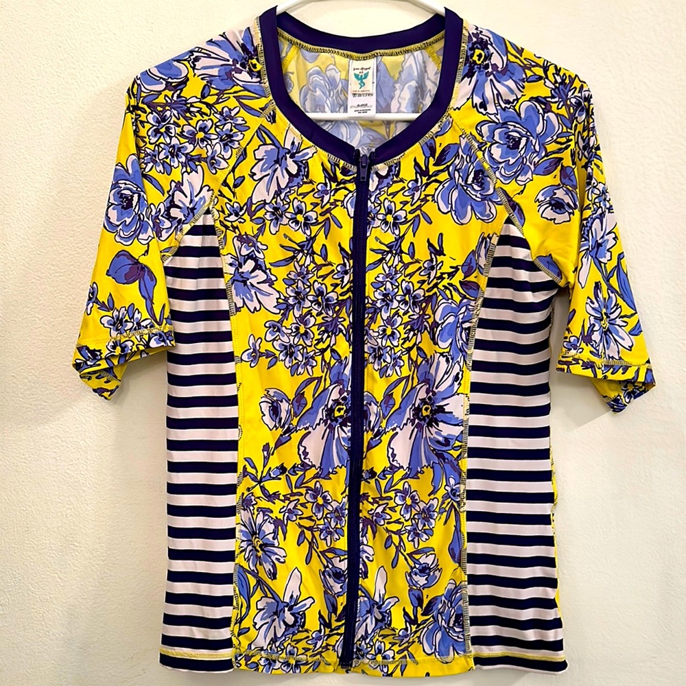 Sea Angel yellow & blue zip up 3/4 sleeve top Size XL